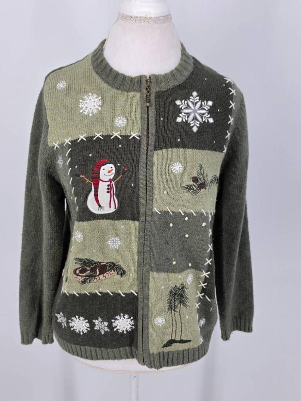 Croft Barrow Womens M Green Snowman Patchwork Zip Cardigan Sweater Y2K